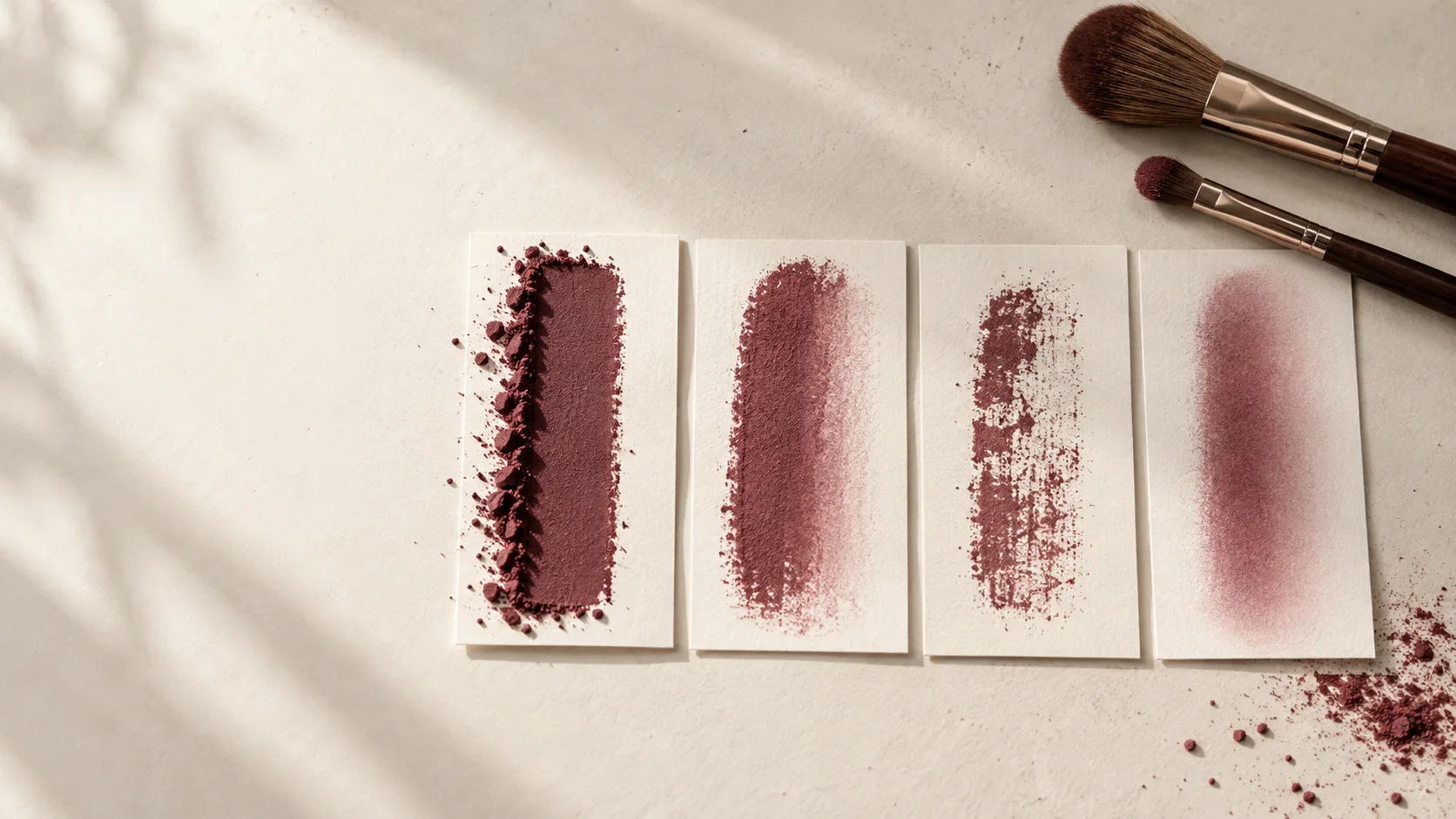 Four pigment swatches comparing hard, overloaded, patchy, and diffused edges.