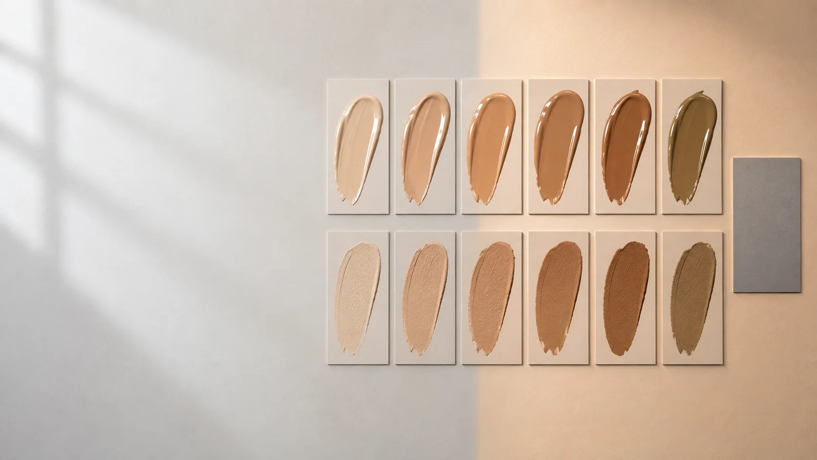 Complexion swatches compared wet and dry beside a neutral gray reference.
