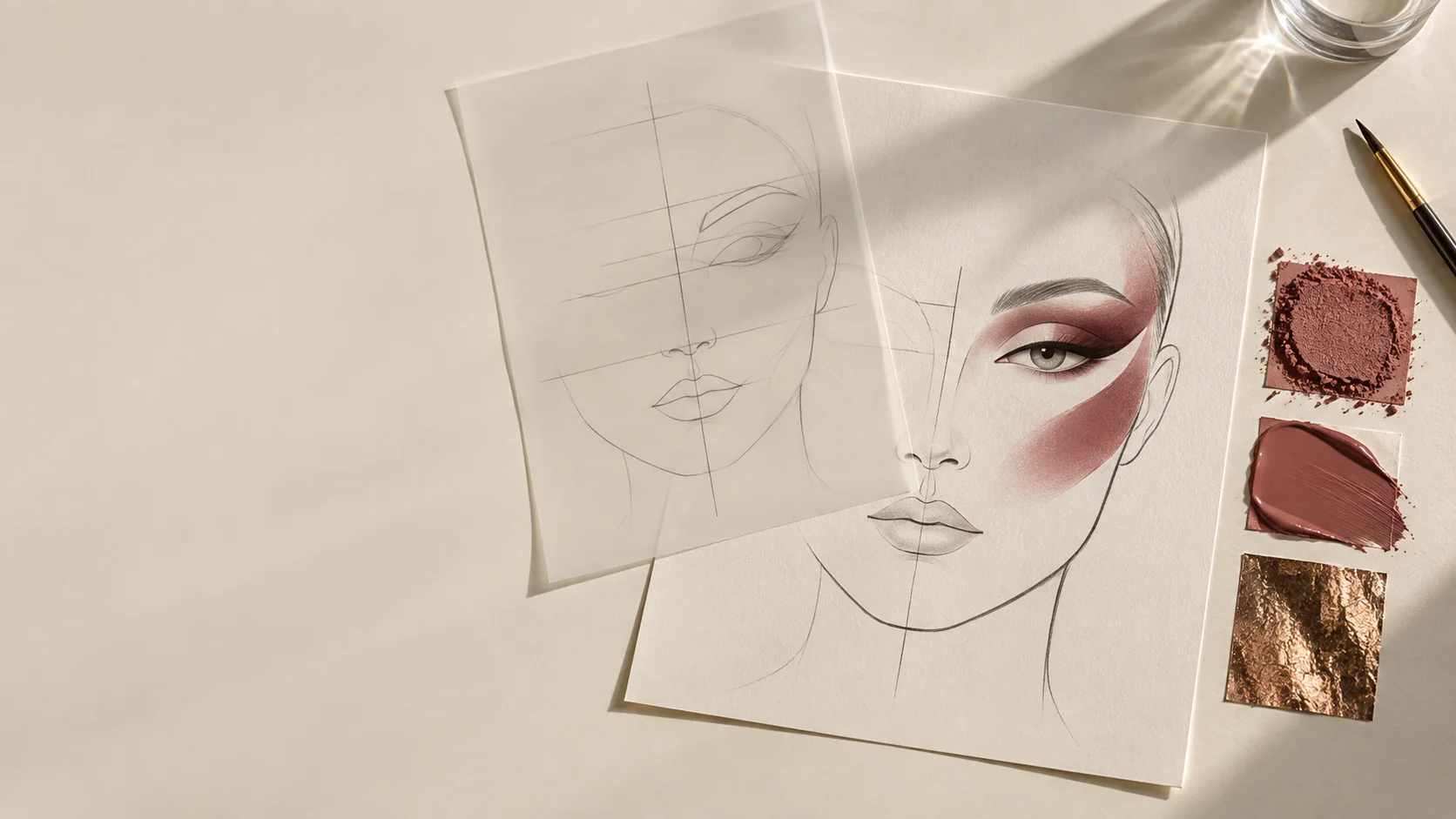 Abstract face chart with proportion guides and three material-finish tests.