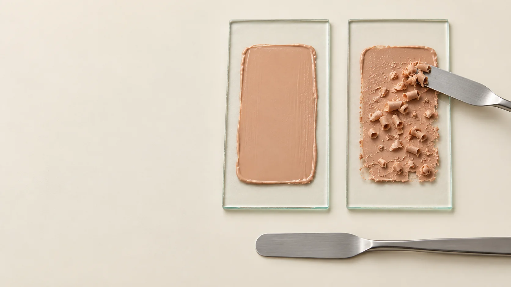 Two cosmetic films showing a smooth layer beside a layer rolled into pills.